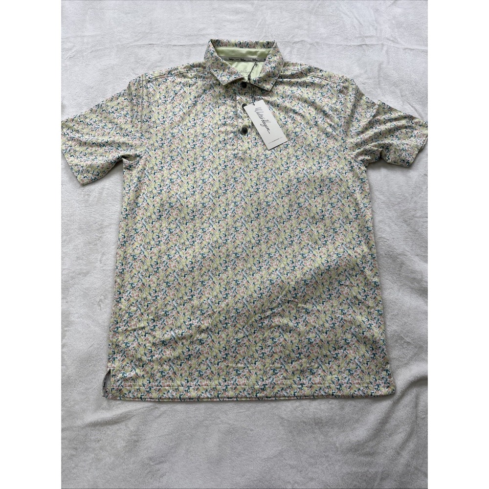 WALTER HAGEN Golf Polo Shirt‎ Mens Small Clubhouse Ditsy Print Fresco Lemon NEW